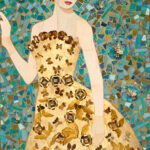 Audrey, mixed media collage of Audrey Hepburn wearing a gold dress with gold flowers and butterflies with a blue background