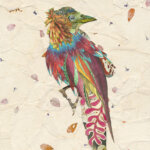 mixed media collage of a colorful bird that's red, blue, green, pink, yellow, and orange with a cream background that has pink and orange leaves in it
