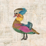 mixed media collage of a colorful bird that's brown, green, pink, yellow, and blue that has a white background with typed letters and faint white leaf outlines
