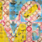mixed media collage of the LOVE sign where the letters are pink, white, and orange circles and the background is blue and yellow circles