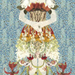 mixed media collage of a woman wearing a dress that's full of white, red, and orange flowers, the background is various shades of blue and it dotted