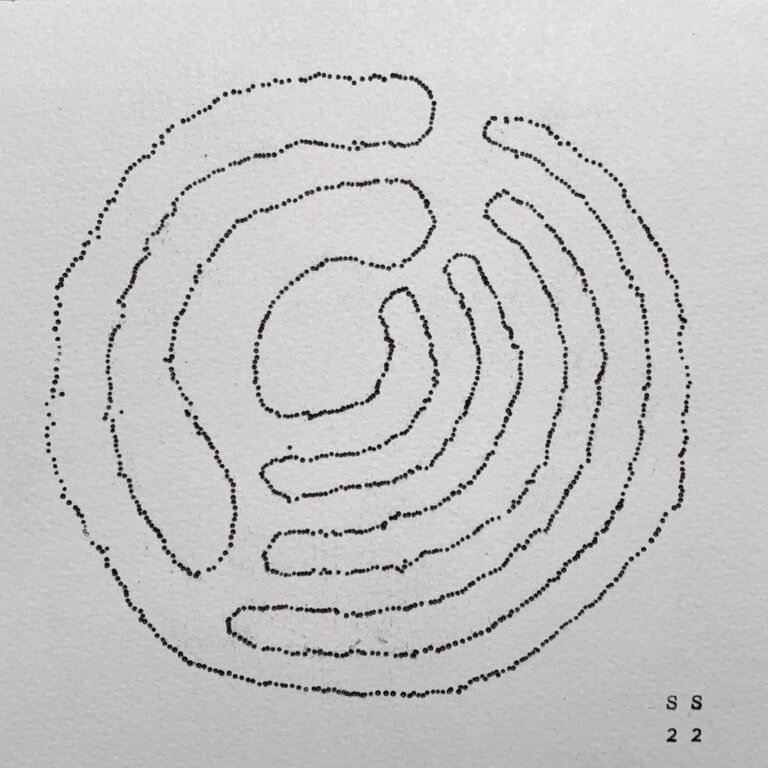 a piece made using a typewriter and little circles all connecting together that resembles a link but these are filled in black dots that are in lines that form a circle with multiple smaller circles and shapes inside of it