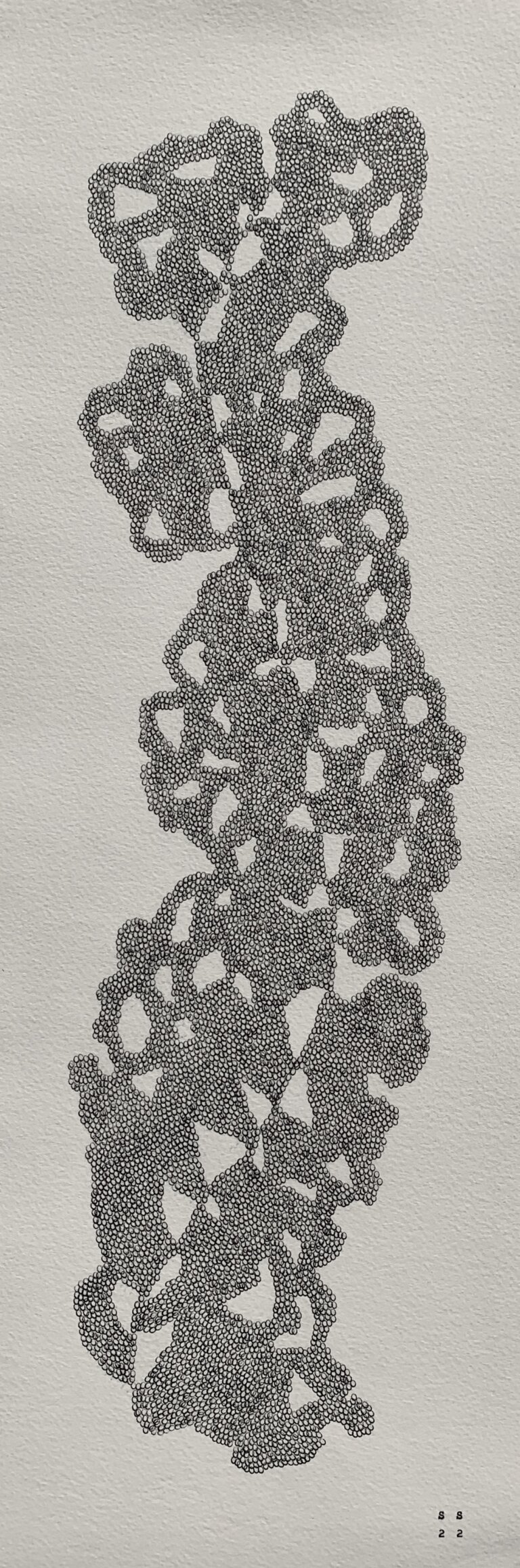 a piece made using a typewriter and little circles all connecting together that resembles a link and the links are in an abstract shapes that has a lot of white space