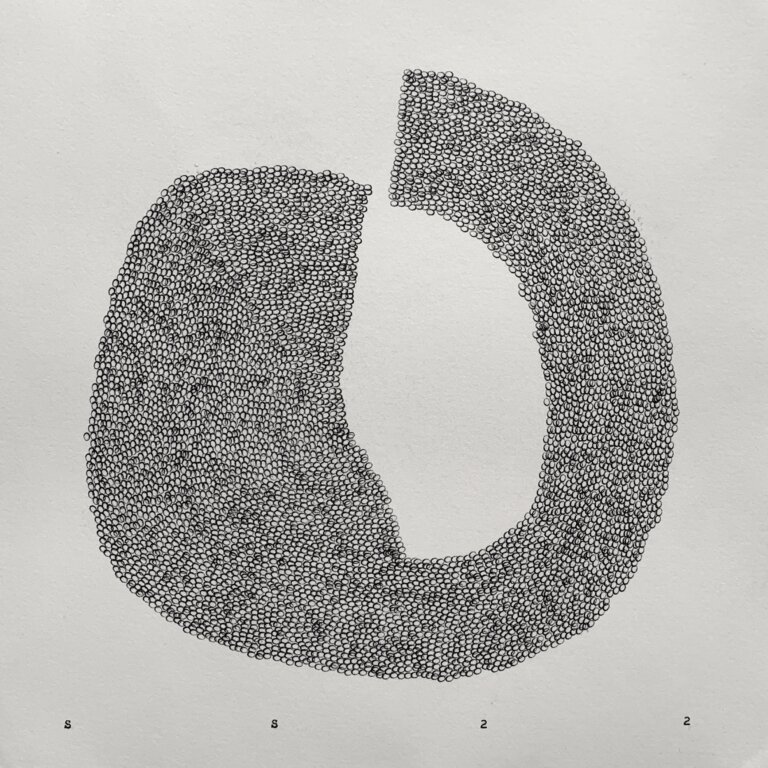 a piece made using a typewriter and little circles all connecting together that resembles a link and there is a large group of links in an almost complete circle