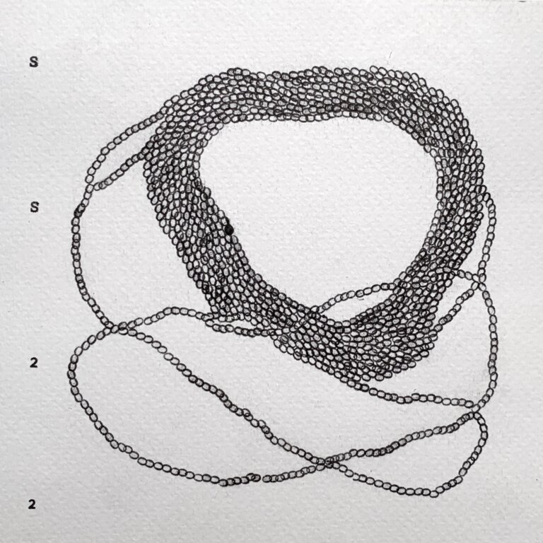 a piece made using a typewriter and little circles all connecting together that resembles a link and there is a large group of links in a circle and then some lines of links coming off of it
