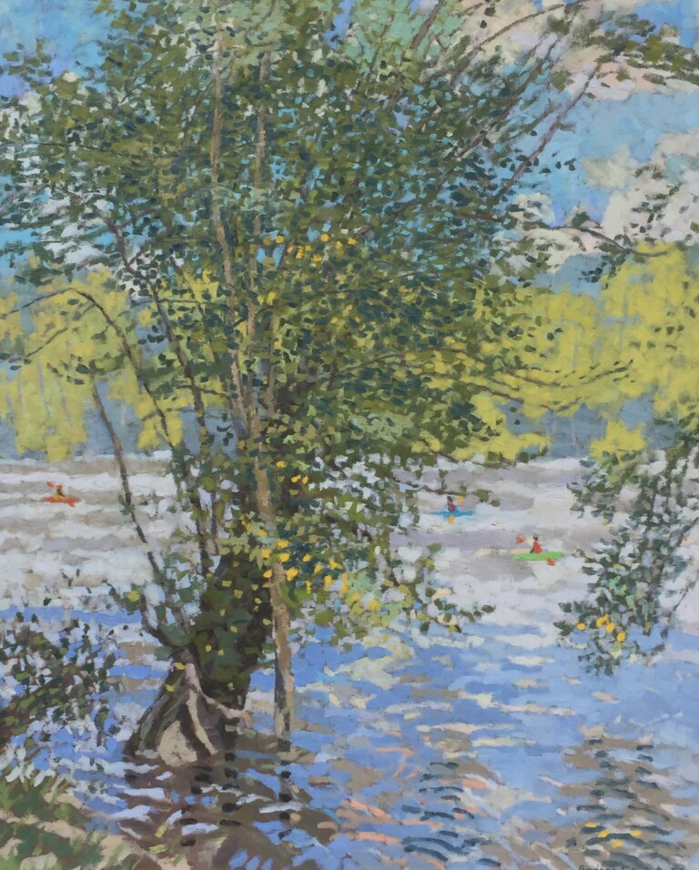 oil on canvas landscape painting of a river with 3 paddlers in little colorful kayaks on white water against a bright green background of trees and a blue cloudy sky. in the foreground is a large leafy tree growing out of the water