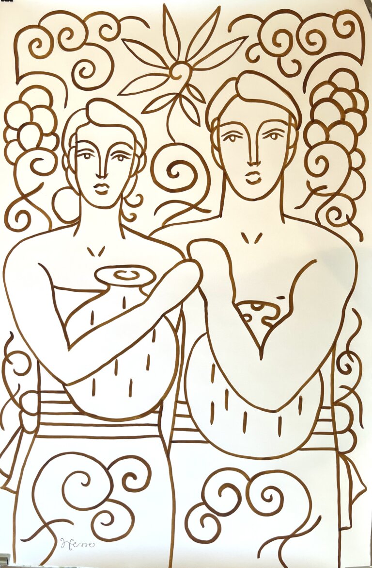 a portrait of a man and a woman with blank expressions done in chocolate-colored ink on paper. they stand next to each other; They both hold large round jars close to their chests. they are surrounded by swirls and botanical patterns.