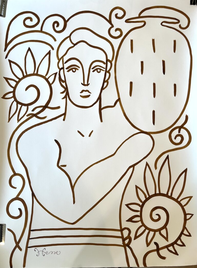 a portrait of a person with a blank expression done in chocolate-colored ink on paper. the person is holding a large round jar to the right. he is surrounded by several botanical shapes