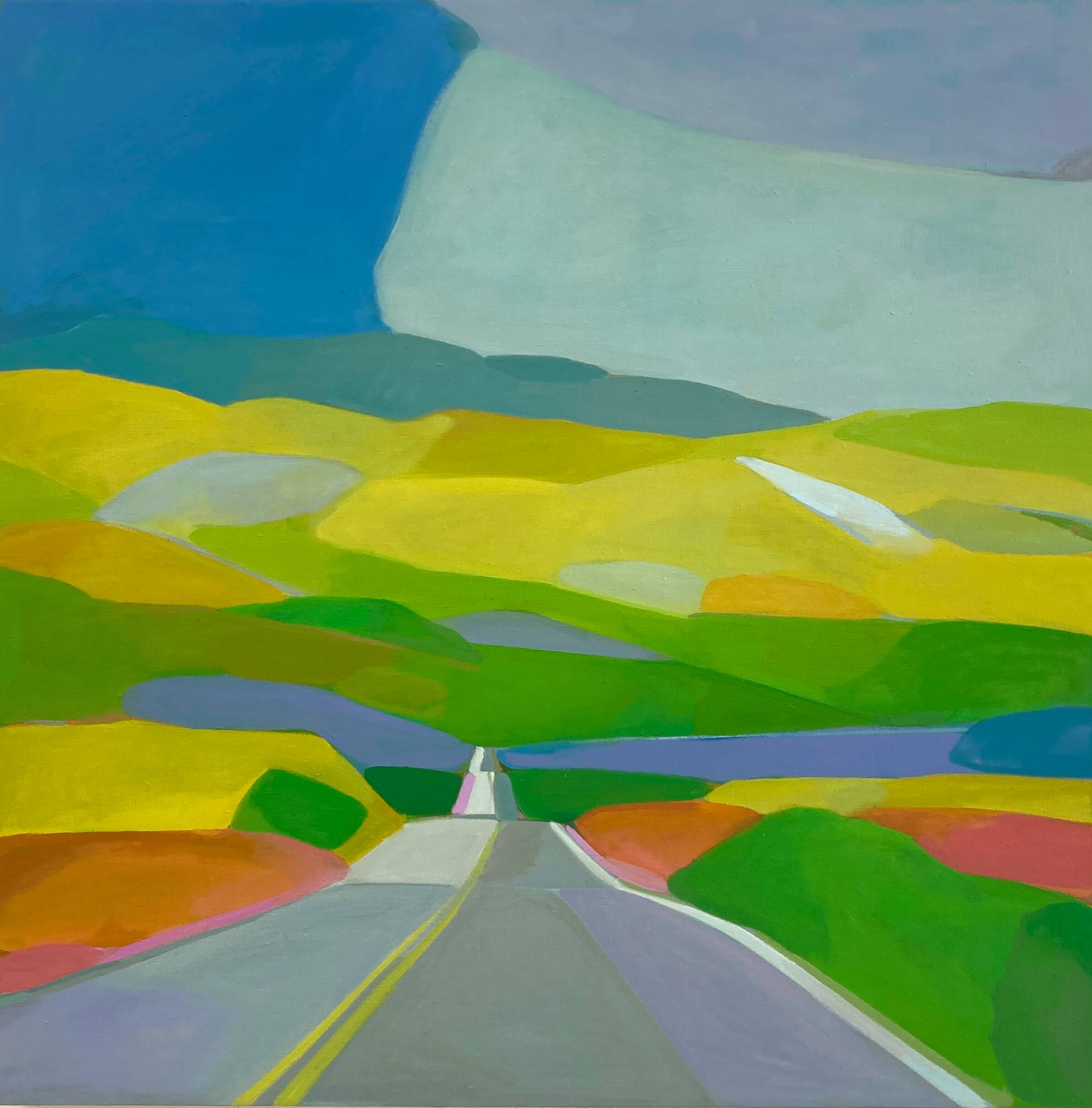 a landscape in oil on linen of a road leading into rolling green hills with light gray-blue mountains and a bright blue sky in the distance