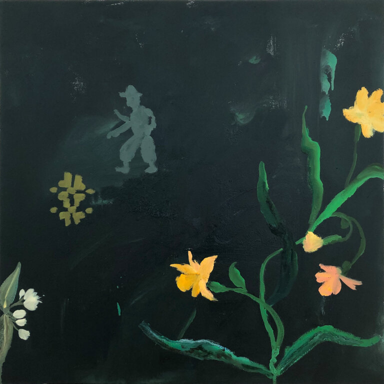 an oil piece on canvas with a dark teal background. in the foreground is a spindly green plant with long leaves and a few yellow and peachy flowers. to the left of this stem is a small white flower with sage green leaves. above this is the silhouette of a man wearing a brimmed hat and a muted lime green floral shape next to him