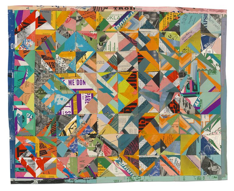 a mixed media collage piece on paper that creates a quilt-like pattern in shades of teal, clementine orange, magenta, red, black, and lemon yellow