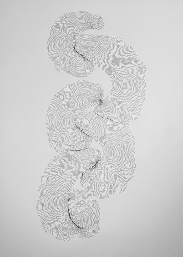 abstract piece featuring curved line drawings in organic, wavy "c" shapes interlocking in a vertical pattern