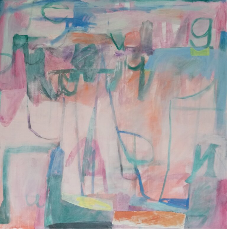 abstract art piece featuring letter-like marks made in a deep emerald-teal shade layered above a peach, mauve, lime, rose, and cobalt background washed with a thin white layer in some areas