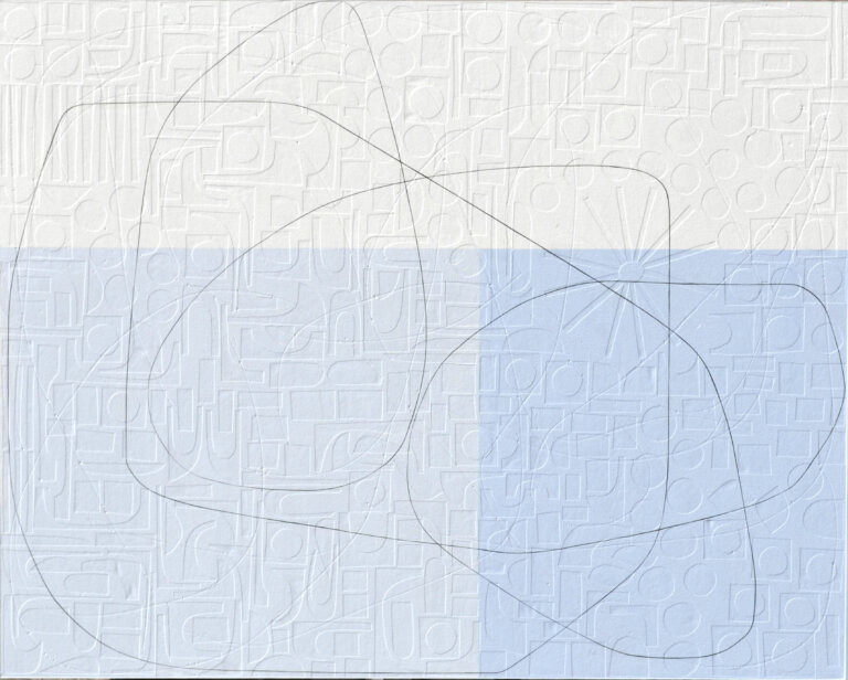 abstract piece in with hues of powder blue, periwinkle, and white layered over cutouts of geometric shapes. a thin dark line loops across the pieces, unifying the blocks of color. On the surface, this canvas appears as though it consists of blue lines that form three abstract shapes, atop geometrically straight rectangles, all applied by the stroke of a paintbrush. However, as you step forward the lines of these shapes disconnect from the canvas and you notice each was placed on by hand: using hand-cut, extremely fine thin strips of paper masterfully layered upon the canvas. Moreover, once this realisation sets in, you suddenly become aware of an entirely new layer of texture. Different hand-cut shapes of paper adhere to the canvas before any painting takes place. Creating a degree of texture and depth to delightfully unexpected.