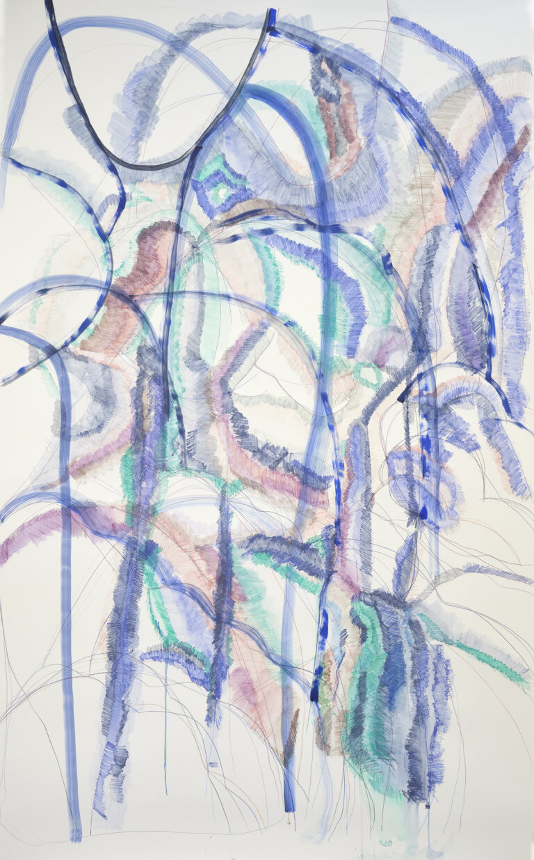 abstract piece with organic cobalt, teal, coral, and mauve lines populating a cream colored background interrupted by thin pencil marks