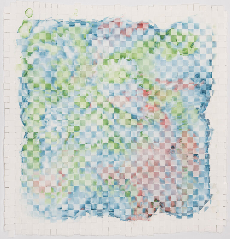 woven abstract art piece created with strips of paper woven within each other perpendicularly after being stained in shades of aqua, rose, and lime