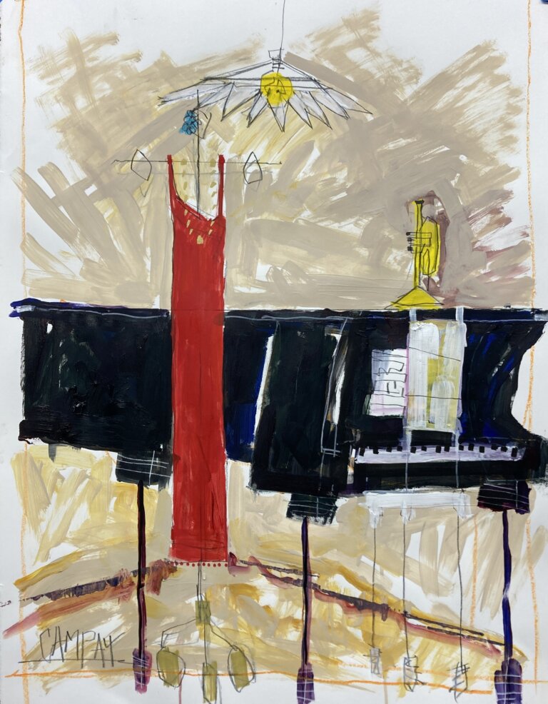an abstract interior landscape in mixed media on paper of a black grand piano. a yellow trumpet rests on its bell on the lid of the piano. there is a tall thin golden coat rack to the left of the piano holding a single long red dress and a gold beaded necklace on a hanger. the background is made of a taupe smudgy texture. above the piano hangs a clear chandelier that is shaped like a flower with a large yellow bulb in the center