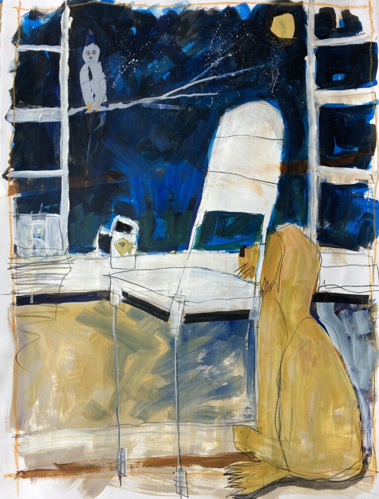 an abstract interior landscape in mixed media on paper of a large tan shaggy dog looking out a window into the dark night sky at a small gray owl on a thin branch. the dog sits on the brown floor next to a thin white chair in front of an open window with white paneling. the night sky is dark blue except for a small yellow circle to the right that looks like a buttery moon