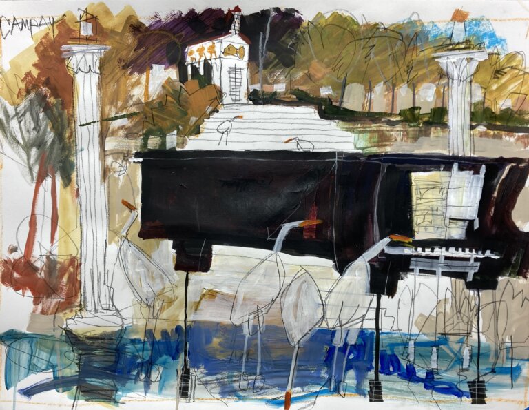 an abstract landscape in mixed media on paper of a four white geese next to black grand piano against a background of two white corinthian columns, a large flight of white stairs up to a romanic building with swashes of yellow ochre, bright blue, dark magenta, and terra cotta behind it