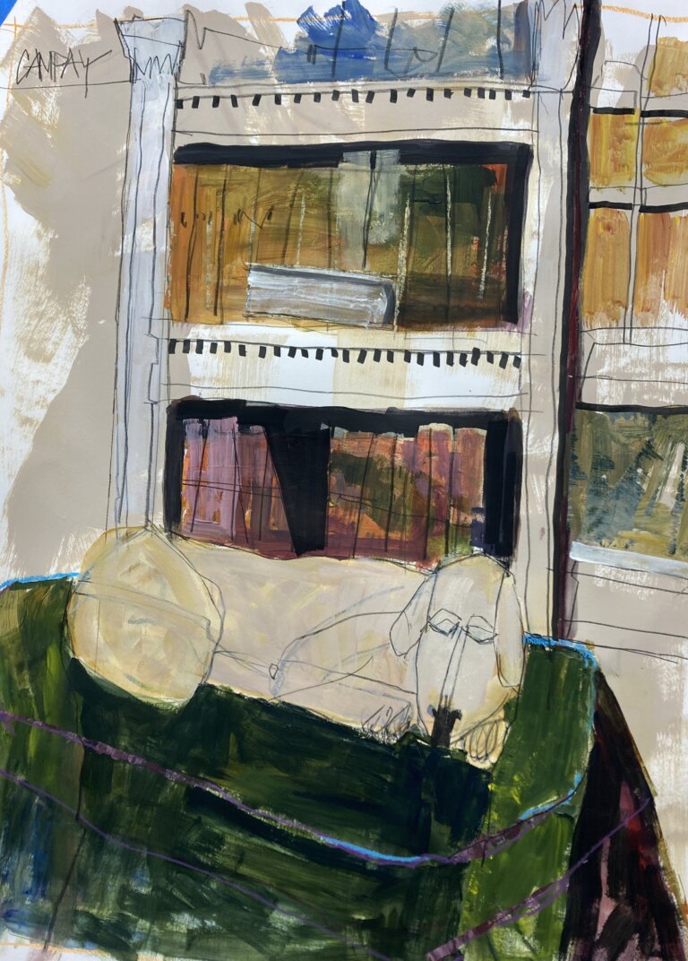 an abstract mixed media interior landscape on paper of a large tan dog resting on a green upholstered sofa in front of a tan bookcase filled with rose and goldenrod books and window. the painting style is very haphazard and loose, which creates a flow to the painting that is interrupted and accented by thin black markings