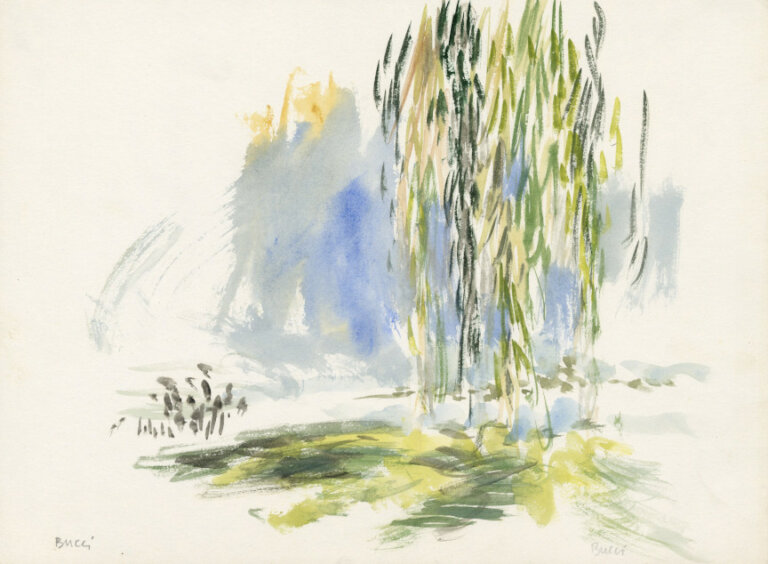a watercolor on paper of a willow tree with branches of different shades of green hanging over the anacostia river. the sky in the background is a hazy wash of cobalt and yellow ochre