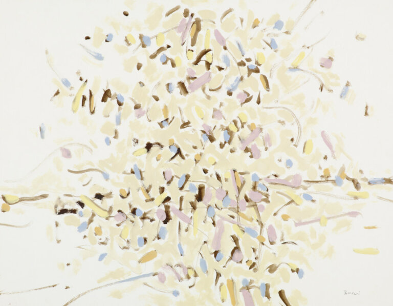 an oil painting on paper of a burst of pale buttercup yellow interspersed with lilac, peach, periwinkle, and burnt sienna