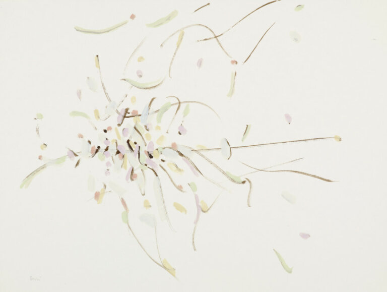 an oil piece on paper with swoops of black paint with daubs of peach, lavender, pale yellow, mint green, and cornflower blue