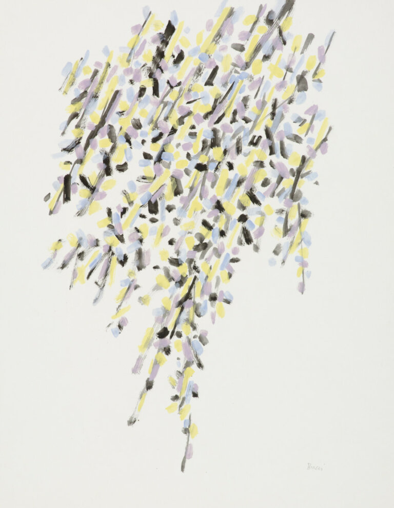 an oil and charcoal piece on paper filled with small daubs of lemon yellow, lilac, and cornflower blue with swipes of black interspersed