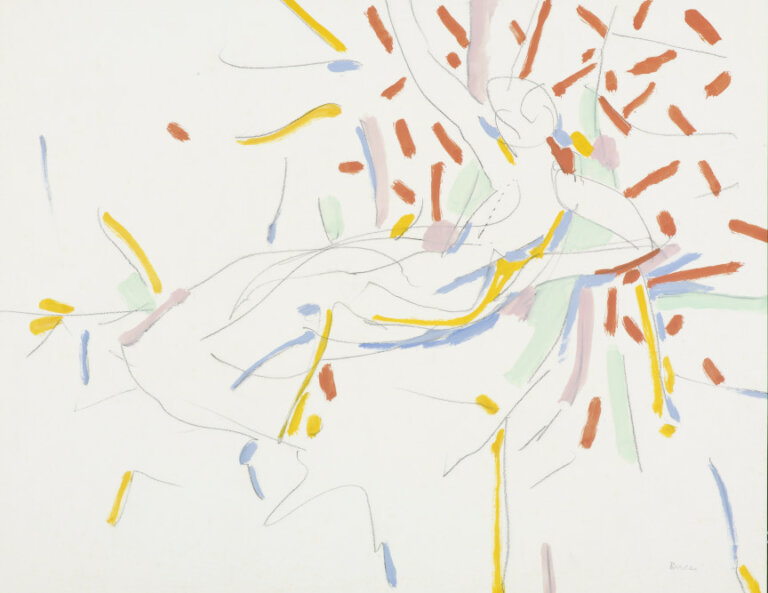 an oil and charcoal piece on paper of an undetailed figure loosely reclining. behind the figure are bursts of red, goldenrod, pale pink, sea foam green, and cornflower blue