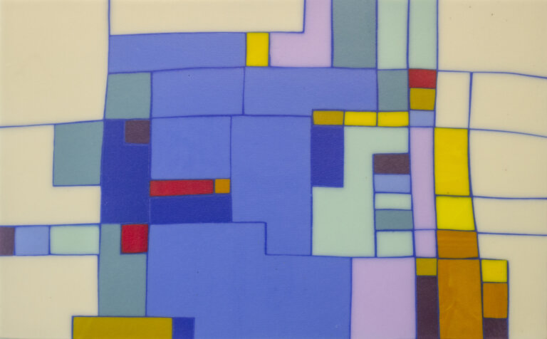 a kiln fired glass piece made up of square and rectangle-like piece in shades of cobalt, lilac, clementine, lemon yellow, maroon, cyan, beige, and vermillion outlined in bright cobalt blue and arranged semi-organically