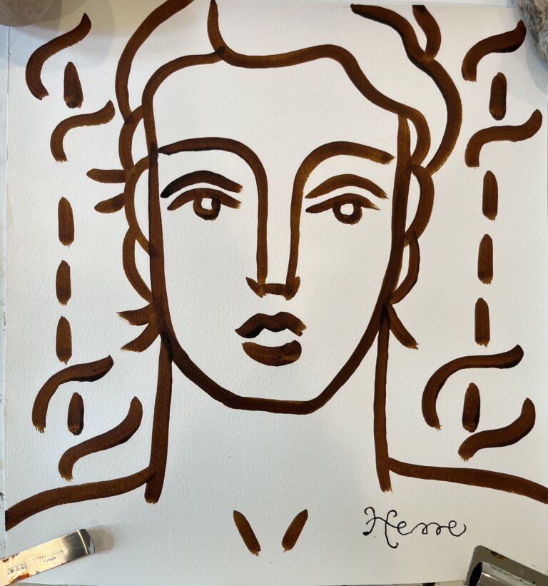 a portrait of a person with a blank expression done in chocolate-colored ink on paper