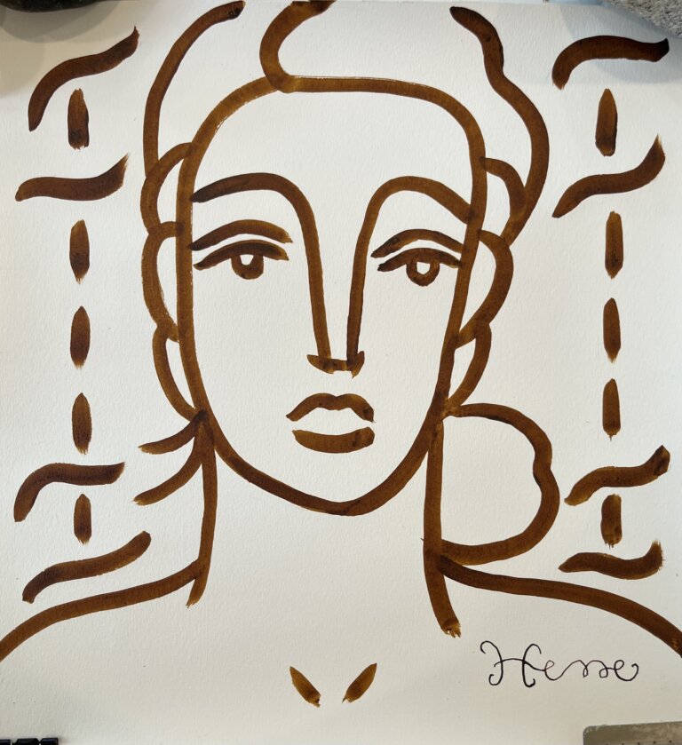 a portrait of a person with a blank expression done in chocolate-colored ink on paper