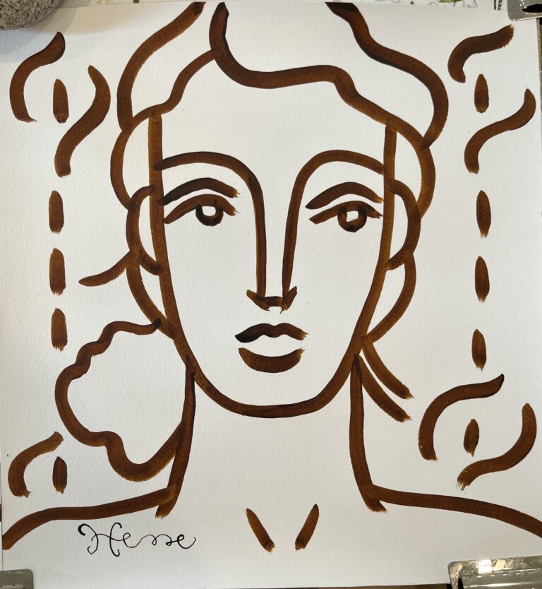 a portrait of a person with a blank expression done in chocolate-colored ink on paper
