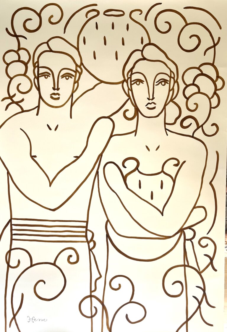 a portrait of a man and a woman with blank expressions done in chocolate-colored ink on paper. they stand next to each other; the man is holding a large round jug above his head and the woman hold a round jar close to her chest. they are surrounded by swirls and botanical patterns.