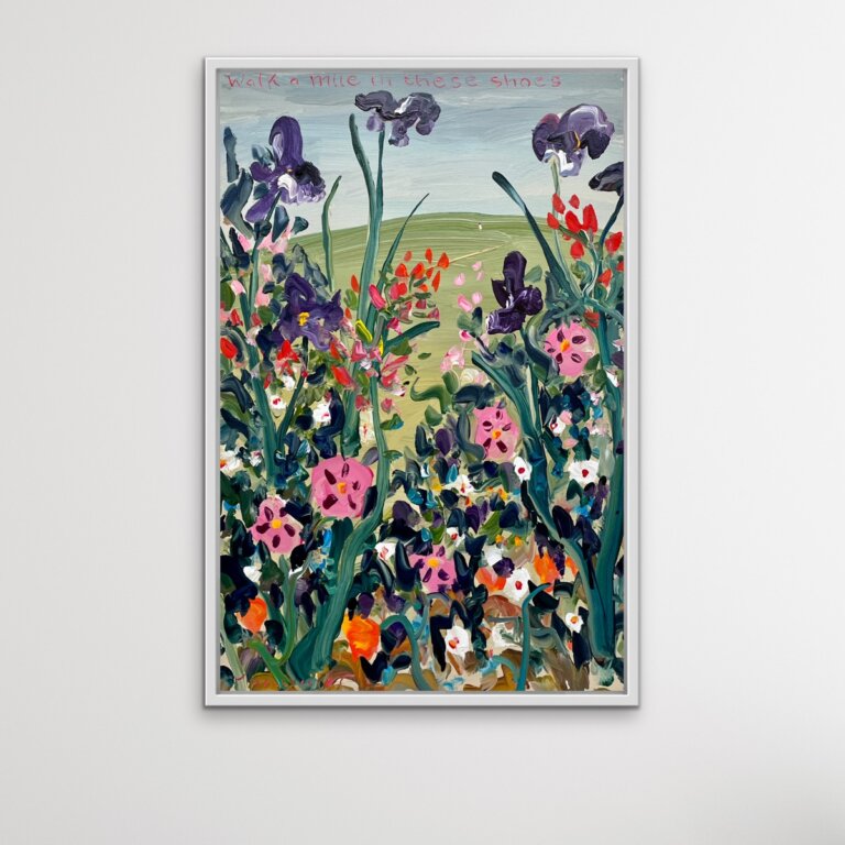 field and floral landscape with figure walking in the background, the forefront of painting is bright pink, purple and orange flowers with a field in the background and pale blue sky