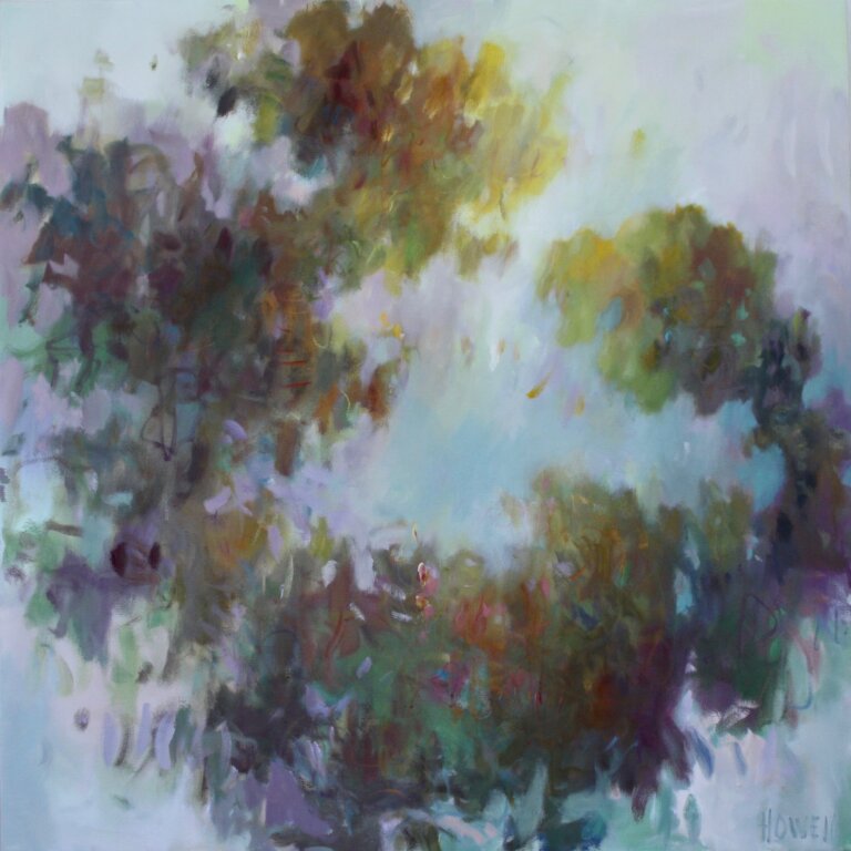 an oil piece on canvas with primarily pastel blue-toned background with a multi colored abstraction on the canvas in a leaf-like pattern