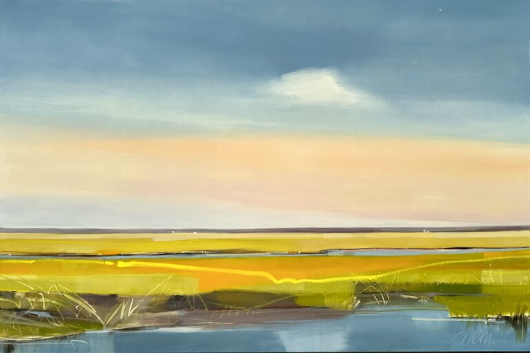 abstract sunset inlet landscape in hues of blue for sky and water and oranges, lavender, green and yellow for the grassy inlet area
