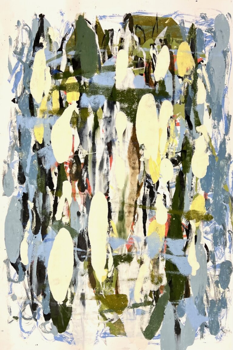 abstract piece with large vertical oval shapes layered in shades of powder blue, limoncello, dark green, and pops of coral on a textured cream background