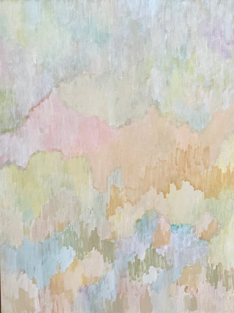 abstract piece in hues of orange and green with hints of lavender and rose in wavy patterns