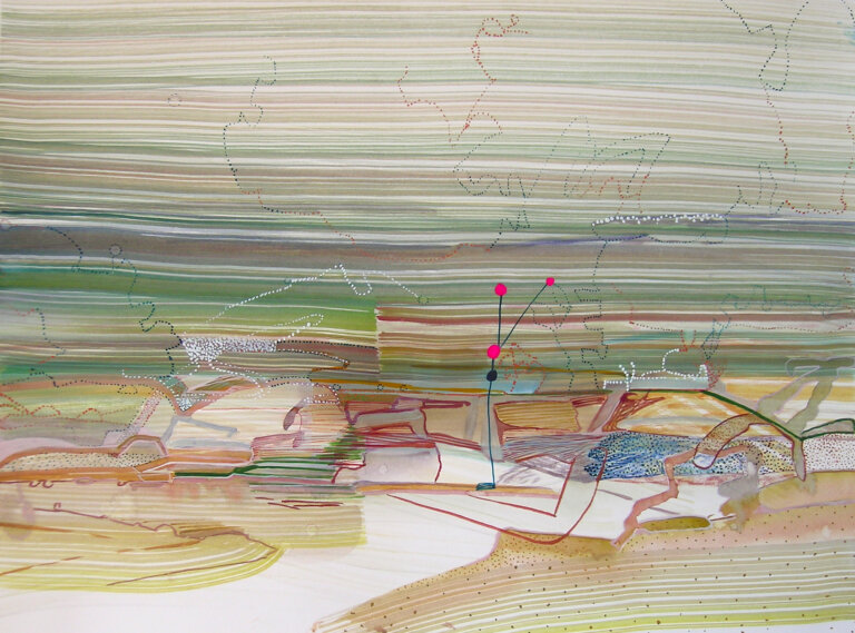 abstract piece with horizontal linear marks creating the illusion of a sky, and organic, choppy marks create the illusion of rocks and a stream. the colors are green, white, blue, brown, red, and gold, and there are small white dots creating lines throughout the piece. there is also a teal line in a "y" shape with three bright pink dots and one black dot accenting it.