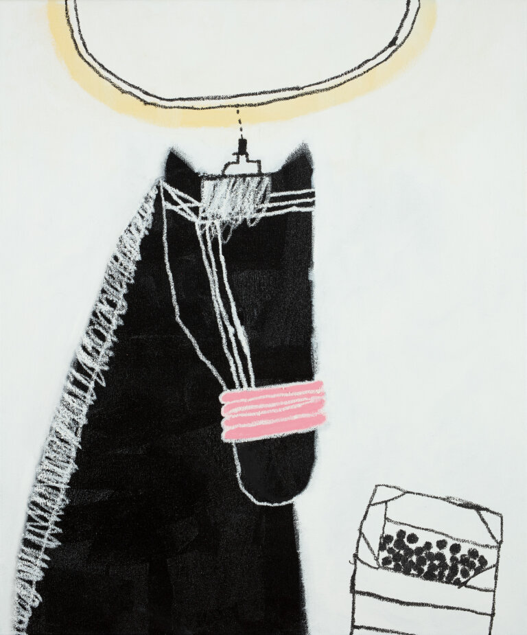 an oil piece on canvas featuring the bust of a black horse with a halo above its head. the horse wears a white bridle with pink detailing. the right of the horse is a small box with black pebble-like shapes inside, resembling horse feed. the halo is outlined in black with a yellow haze around it. the background is a pale gray.