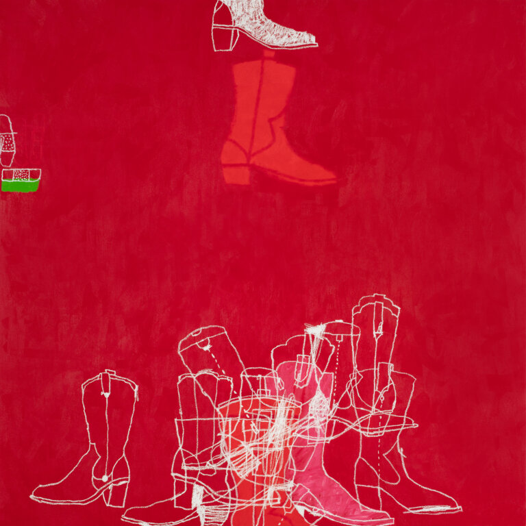 an abstract western themed piece with a bright red background layered with cowboy boots at the bottom center drawn in white. at the top middle of the piece is a vermillion cowboy boot and a white shaded cowboy boot above it slightly off the page. at the left of the painting are two small rectangular shapes outlined in white along with a small green rectangle