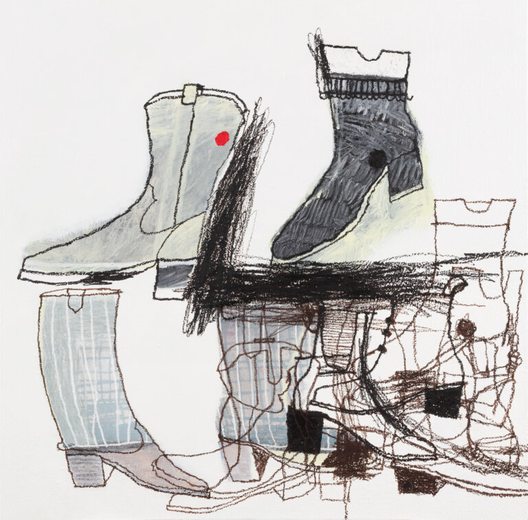 an oil piece on canvas featuring several different cowboy boots painted in shades of gray and black. there are two "rows" of boots; the top row has a light gray boot facing to the left with a red dot on it, and a dark gray boot facing the left as well. the second row has one defined boot in light grey facing to the right. to the right of this boot, there is a large mass of scribble-like marks layered with a few different outlines of boots and scribbles. the background is a pale gray.