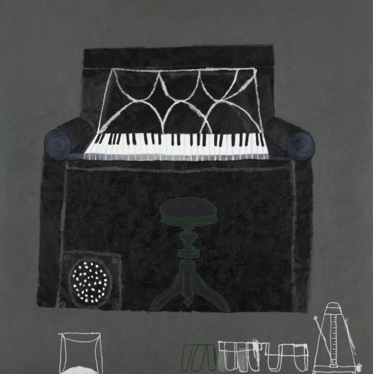 an oil on canvas piece depicting a black upright piano painted head on, with a decorative music stand and a small decorative stool. the bottom of the piece has a few white line drawings of a metronome and other small figures. the background is a warm, muted gray and is solid.