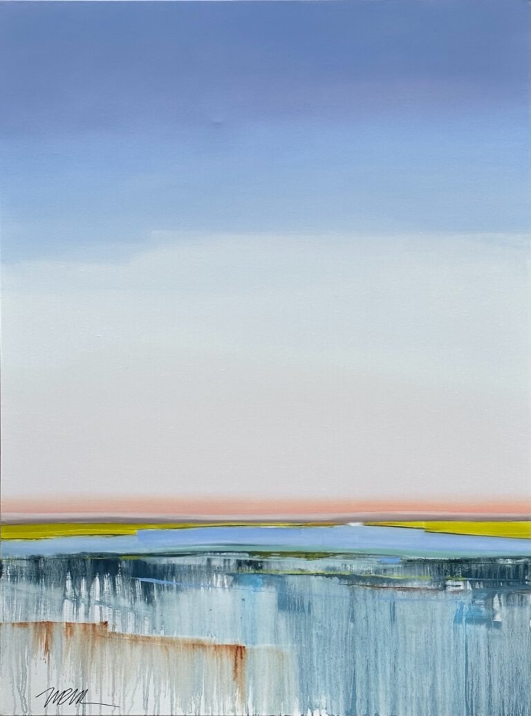 an abstract interpretation of a peachy sunset over a bright green marsh with beautiful blue water
