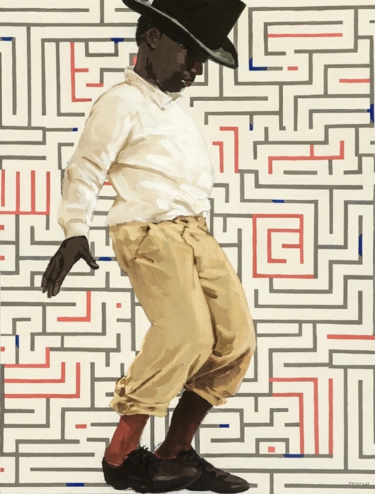 a portrait of a black man wearing a cream, longsleeved button down shirt and khaki pants rolled at the ankle and black leather dress shoes. he also wears a black hat and sunglasses. he is facing the right and stands with his head bent down and his knees bent. he is against a cream-colored background covered with a red and grey maze-like geometric pattern with cobalt accents