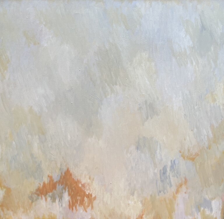 abstract piece in hues of cream and grey with hints of periwinkle and burnt sienna in wavy patterns