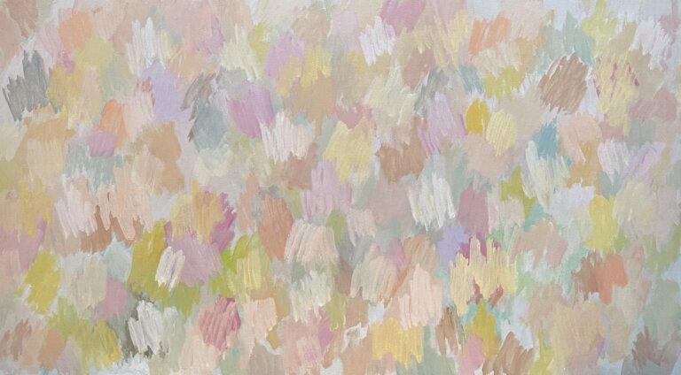 abstract piece in hues of citron and pink with hints of lavender and peach in wavy patterns
