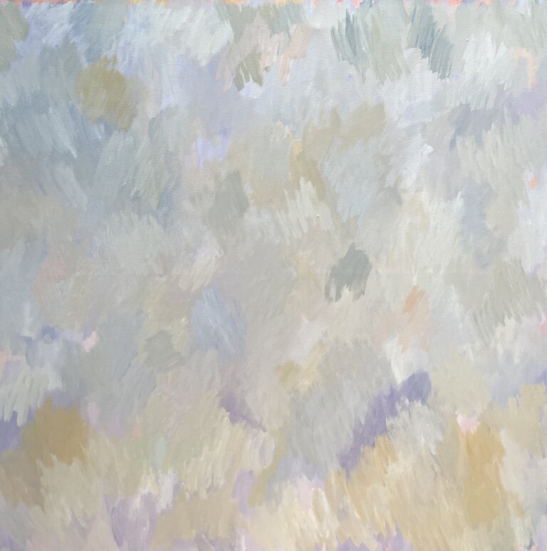 abstract piece in neutral hues with hints of lavender and peach in wavy patterns