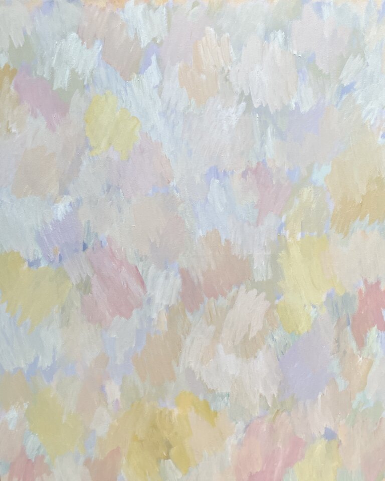 abstract piece in hues of peach and citron with hints of lavender and white in wavy patterns